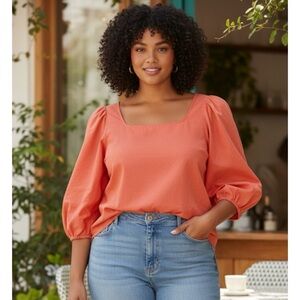 AVA & VIV Square Neckline Pullover Top, Women’s Size 2X, Coral, New